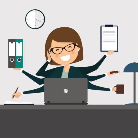 Busy secretary smiling with laptop. Vector illustration