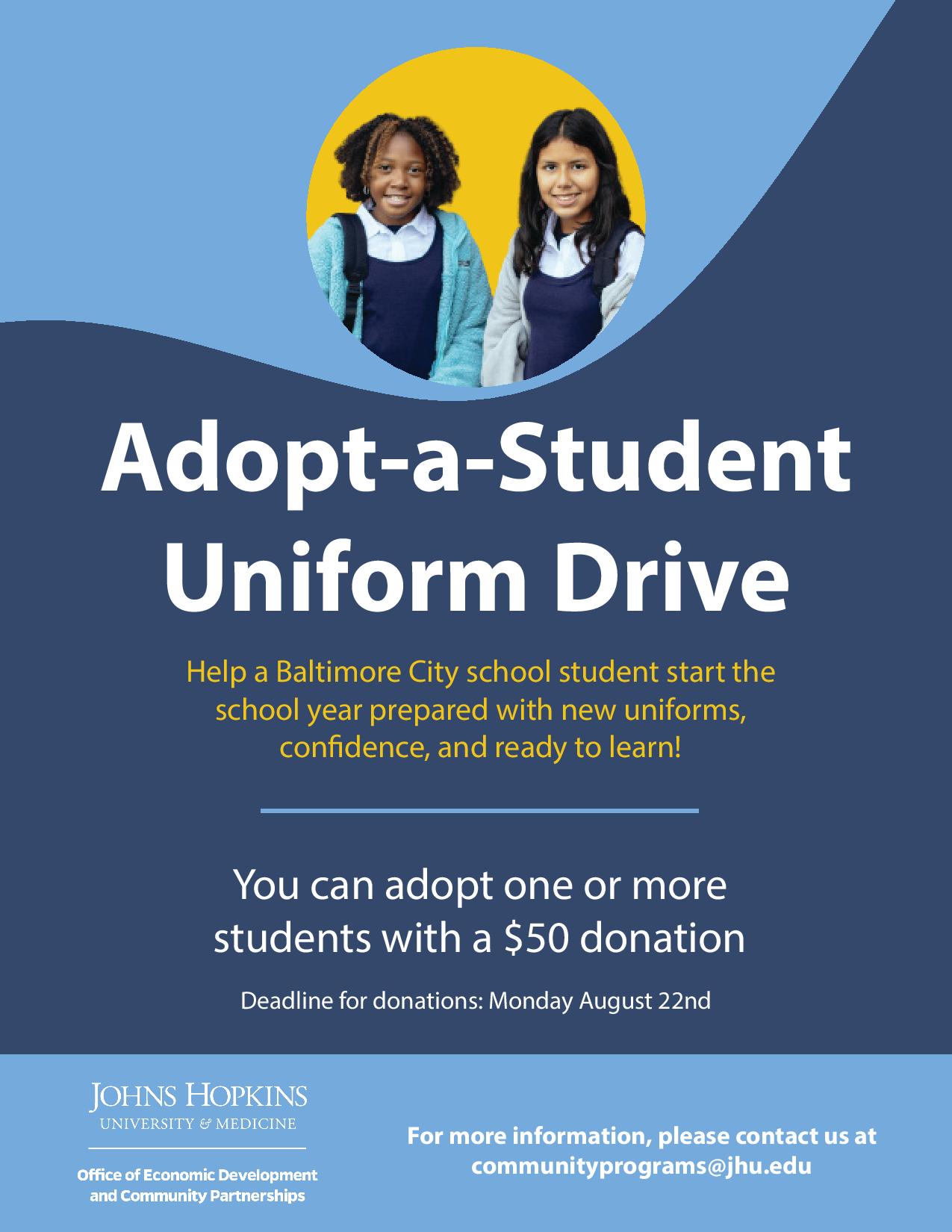 Help a Baltimore City school student start the school year prepared with new uniforms.